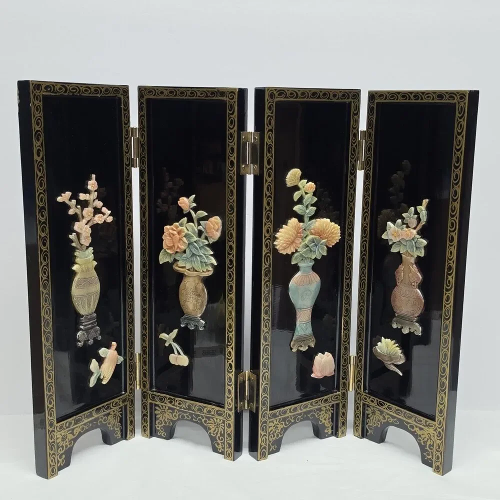 Vintage Chinese Black Lacquer Four Panel Folding Table Top Screen Carved Vases